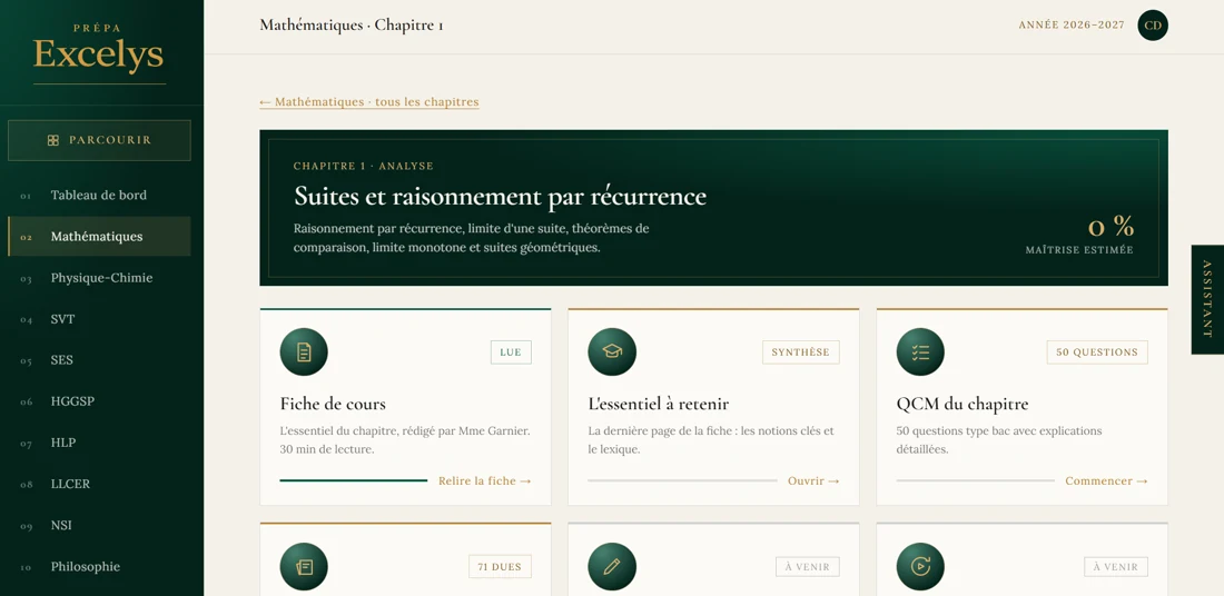 Page du chapitre « Suites et raisonnement par récurrence » : fiche de cours, l'essentiel à retenir et QCM de 50 questions, chacun dans sa carte.