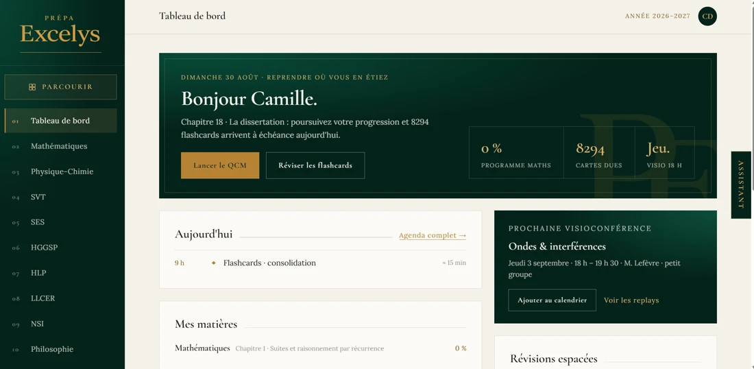 Tableau de bord de la plateforme : accueil personnalisé « Bonjour Camille », progression du chapitre 18, 8294 flashcards dues, agenda du jour et prochaine visioconférence de physique.