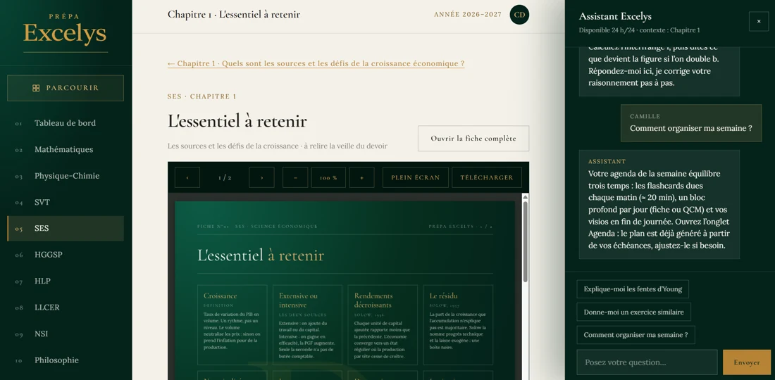 Fiche de SES ouverte avec le panneau de l'assistant Excelys : l'élève demande comment organiser sa semaine et l'assistant détaille un plan de révisions.