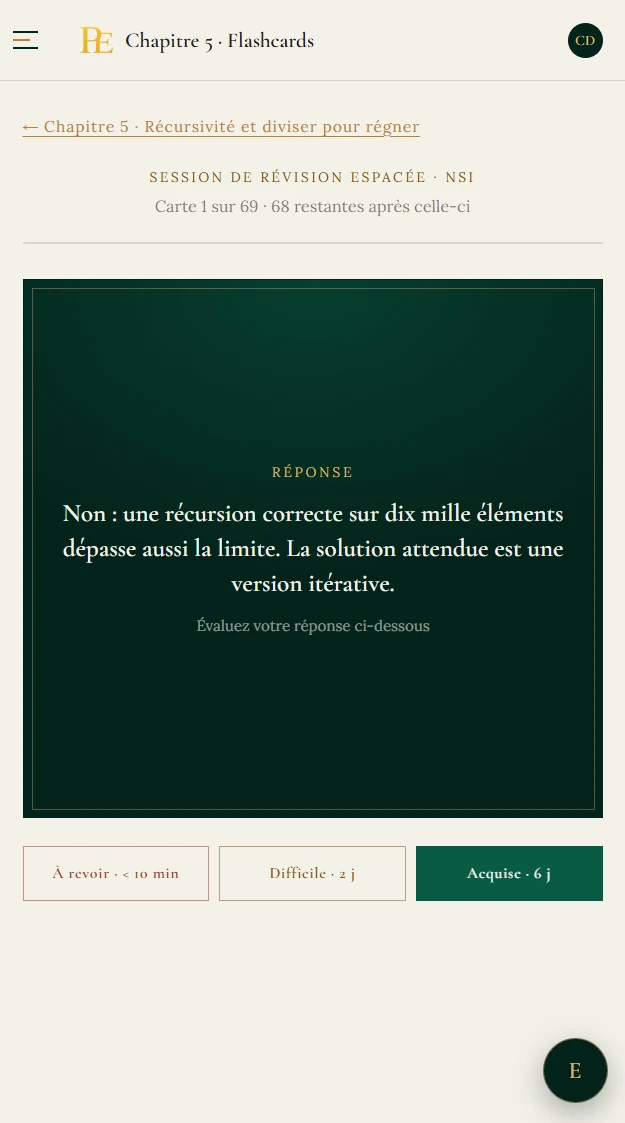 Flashcard de NSI sur téléphone, réponse affichée, avec les trois boutons de répétition espacée : à revoir, difficile, acquise.