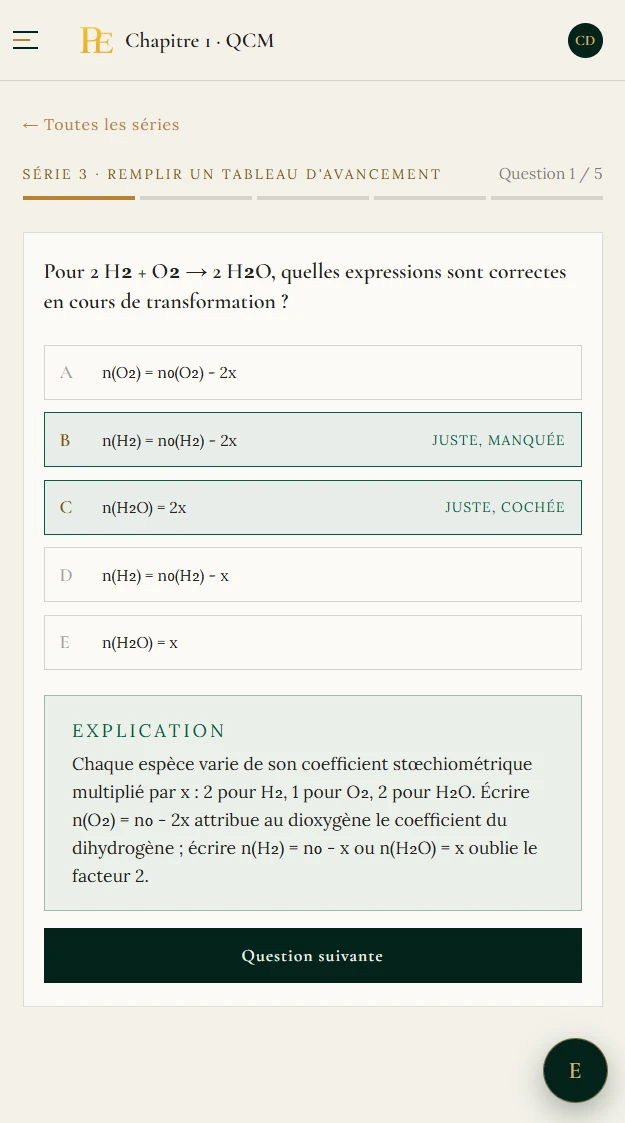 QCM de physique-chimie sur téléphone : question sur un tableau d'avancement, réponses commentées « juste, cochée » et « juste, manquée », puis explication détaillée.